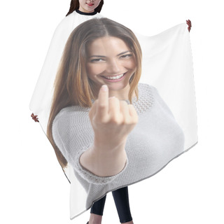 Personality  Happy Woman Gesturing Beckoning Hair Cutting Cape