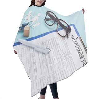 Personality  Insurance Form, Eyeglasses, Pen, Paper Cut Family And Keys Isolated On Blue     Hair Cutting Cape