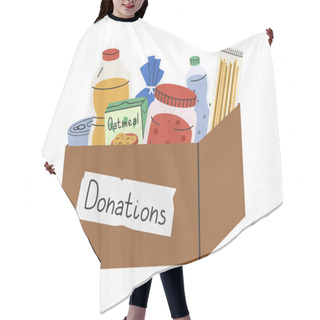 Personality  Hand Drawn Cute Illustration Of Food Donation Box. Flat Vector Giving Oil, Porridge, Canned Goods To Charity In Simple Colored Doodle Style. Philanthropy, Volunteer Sticker, Icon Or Print. Isolated. Hair Cutting Cape