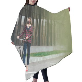 Personality  Selective Focus Of Businesswoman In Plaid Mask Walking With Bicycle  Hair Cutting Cape
