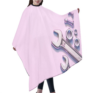 Personality  Top View Of Wrenches, Nuts And Screws On Pink Surface Hair Cutting Cape