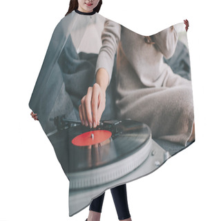 Personality  Cropped Shot Of Woman Listening Music With Vinyl Record Player On Couch At Home Hair Cutting Cape