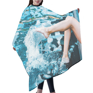 Personality  Cropped View Of Girl Sitting Near Swimming Pool With Legs In Water Hair Cutting Cape