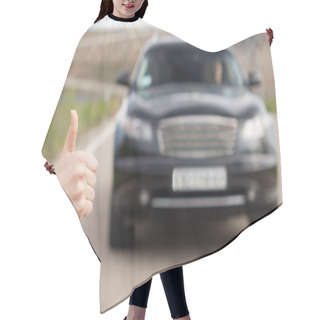 Personality  Woman Giving A Thumbs Up As She Stands Hitchhiking Hair Cutting Cape