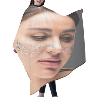 Personality  Portrait Of Young Brunette Woman With Sparkling Glitter On Cheeks Isolated On Grey Hair Cutting Cape