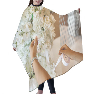 Personality  Cropped View Of Decorator Holding White Ribbon Near Blooming Flowers In Event Hall, Banquet Setup Hair Cutting Cape
