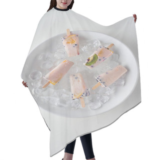 Personality  Top View Of Cold Sweet Fruity Ice Cream On Ice Cubes On Grey Hair Cutting Cape