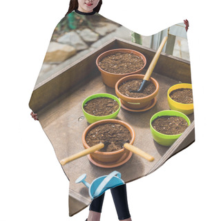 Personality  High Angle View Of Box With Flower Pots, Soil And Gardening Tools In Greenhouse Hair Cutting Cape