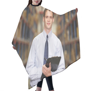 Personality  Portrait Of Manager In Warehouse With Clipboard Hair Cutting Cape
