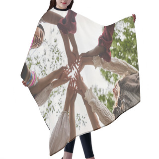 Personality  Bottom View Of Multiethnic Women In Stylish Clothes Holding Hands Outdoors In Retreat Center Hair Cutting Cape