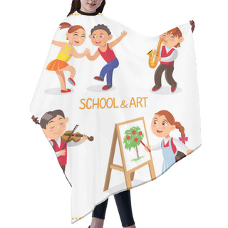 Personality  School Time. Happy Boys And Girls. Cute Schoolchild Are Dancing, Painting, Playing At A Saxophone And A Violin. Hair Cutting Cape