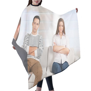 Personality  Young Couple  At The Psychotherapist. Hair Cutting Cape