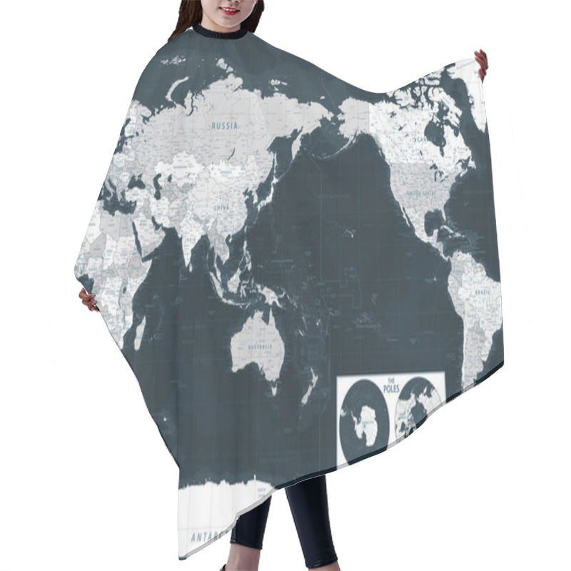 Personality  World Map - Pacific View - Asia China Center - Dark Black Grayscale Political - Vector Detailed Hair Cutting Cape