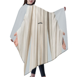 Personality  Panoramic Shot Of Man In Jesus Robe With Outstretched Hands Isolated On Grey  Hair Cutting Cape