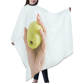 Personality  Cropped View Of Young Woman Holding Green Organic Apple  Hair Cutting Cape