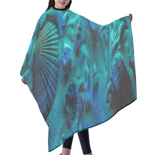 Personality  Panoramic Shot Of Seashells On Sand With Blue Light Hair Cutting Cape