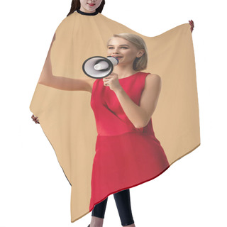 Personality  Woman In Red Dress Screaming In Megaphone And Pointing With Finger Isolated On Beige Hair Cutting Cape