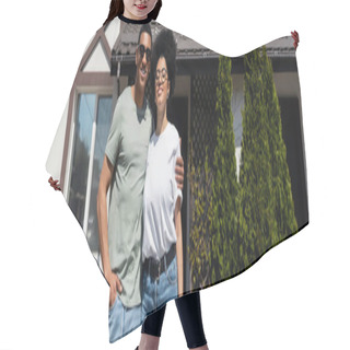 Personality  Joyful African American Couple Hugging While Standing Near New House Outdoors, Banner Hair Cutting Cape