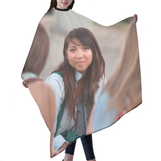 Personality  Young Girl With Calm Smile Hair Cutting Cape