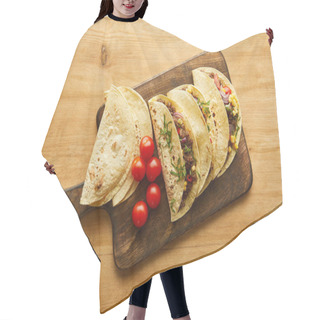 Personality  Top View Of Traditional Mexican Tacos With Cherry Tomatoes On Cutting Board On Wooden Surface Hair Cutting Cape