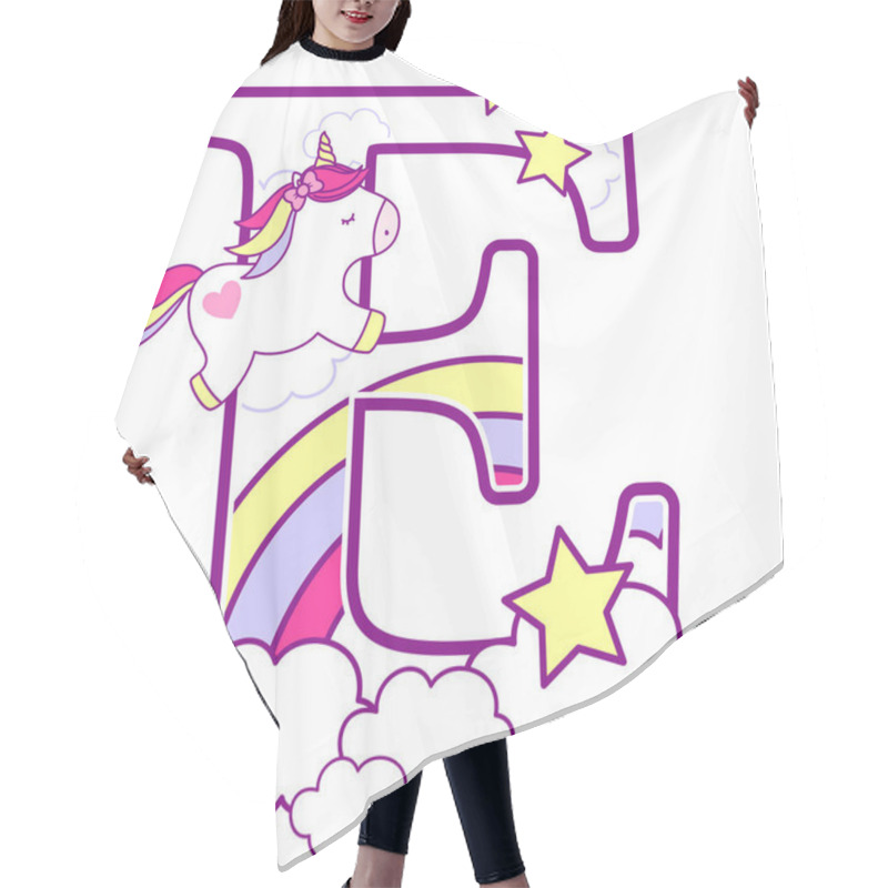 Personality  Initial E With Cute Unicorn And Rainbow. Can Be Used For Baby Birth Announcements, Nursery Decoration, Party Theme Or Birthday Invitation. Design For Baby And Children Hair Cutting Cape