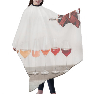 Personality  Shades Of Rose Wine In Stemmed Glasses Placed In Line From Light To Deep And Womans Hand Pouring Wine From Bottle To Glass, White Wall Background Behind. Wine Bar, Wine Shop, Tasting Concept Hair Cutting Cape
