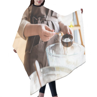 Personality  Cropped View Of Woman Adding Baking Powder In Bowl  Hair Cutting Cape