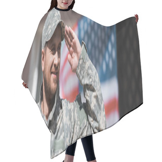 Personality  Smiling Military Man Saluting With Blurred American Flag On Background, Banner Hair Cutting Cape