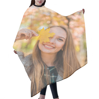 Personality  Young Pretty Woman Fooling Around With Yellow Maple Leaf Hair Cutting Cape