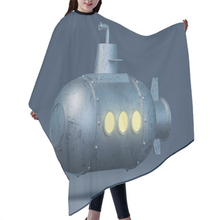 Personality  3d Illustration. A Simple Cartoonish Submarine Made Of Scratched Metal And Equipped With A Periscope On The Blue Background Of A Deep Ocean. Hair Cutting Cape