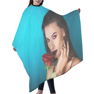 Personality  Young Woman With Black Makeup Near Red Rose On Blue Hair Cutting Cape