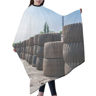 Personality  Stack Of An Old Truck Tyres On Waste Ground At Sunny Day Hair Cutting Cape