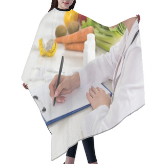 Personality  Cropped View Of Dietitian In White Coat Writing In Clipboard At Workplace Hair Cutting Cape