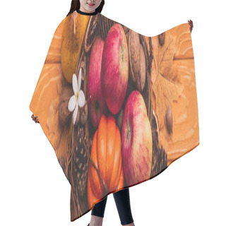 Personality  Top View Of Wicker Basket With Autumnal Harvest On Wooden Background, Panoramic Shot Hair Cutting Cape