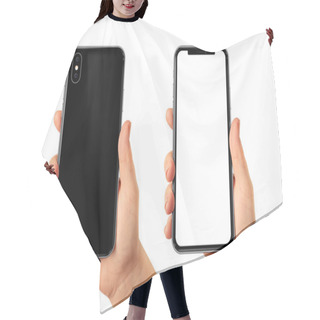 Personality  Smartphone In Woman Hand Blank Screen. Back And Front Hair Cutting Cape