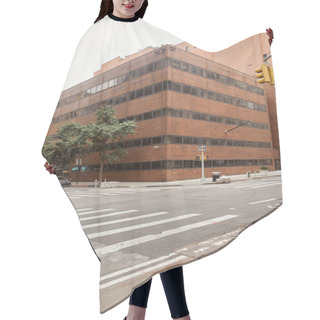 Personality  Modern Brick Building On Crossroad With Pedestrian Crossing On Urban Street Of New York City Hair Cutting Cape