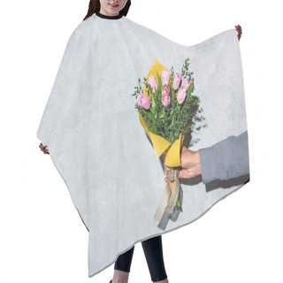 Personality  Close-up View Of Man Giving Bouquet Of Flowerson Grey Background  Hair Cutting Cape