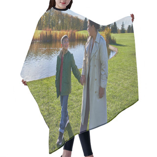 Personality  Bonding, Happy Mother And Son Holding Hands And Walking Near Lake In Park, African American Family Hair Cutting Cape