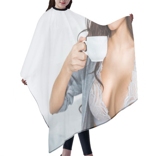 Personality  Girl In Lingerie Drinking Coffee Hair Cutting Cape