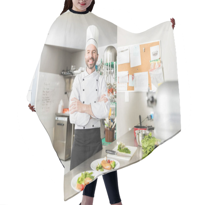 Personality  Mid Adult Chef Smiling While Crossing Arms At Kitchen Counter Hair Cutting Cape