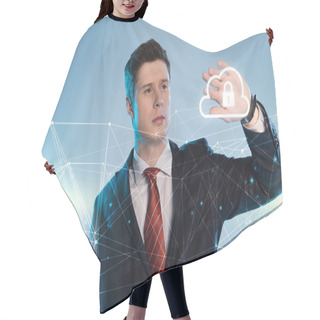 Personality  Handsome Businessman In Suit Pointing At Network And Lock In Cloud Illustration In Front On Blue Background Hair Cutting Cape