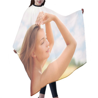Personality  Portrait Of Beautiful Woman Outdoors Hair Cutting Cape