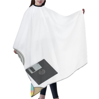 Personality  Top View Of CD Discs, Diskette And Film Reel On White Background Hair Cutting Cape