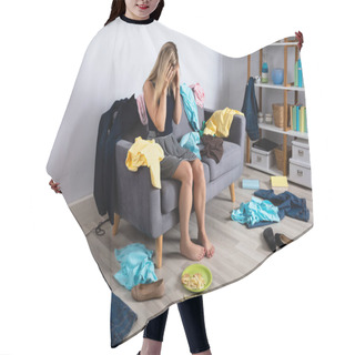 Personality  Upset Woman Sitting On Sofa Surrounded By Scatted Clothes Hair Cutting Cape