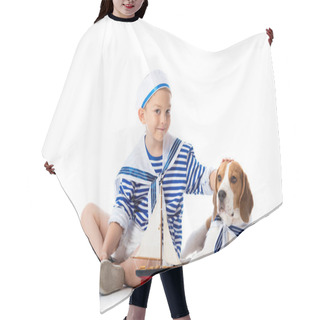 Personality  Smiling Preschooler Child In Sailor Costume With Toy Ship And Beagle Dog On White Hair Cutting Cape