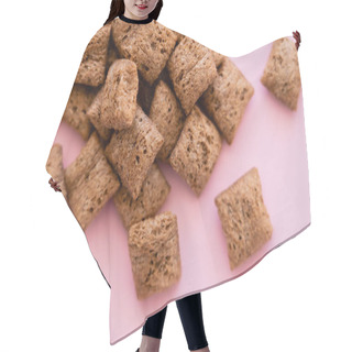 Personality  Top View Of Breakfast Cereal Puffs Isolated On Pink  Hair Cutting Cape