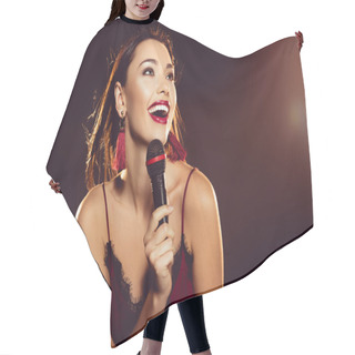 Personality  Portrait Of Happy Young Woman With Microphone In Hand Singing Karaoke  Hair Cutting Cape