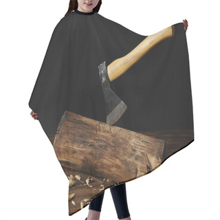 Personality  Log With Sticking Axe And Wooden Pieces At Table On Black Background Hair Cutting Cape