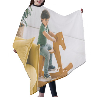 Personality  Cute Little Boy Sitting On Wooden Rocking Horse In Living Room Hair Cutting Cape