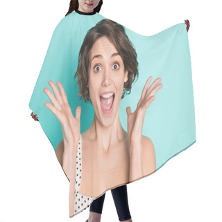 Personality  Closeup Photo Of Pretty Shocked Crazy Lady Raise Arms Up Listen Exciting Good News Delighted Wear Casual White Dotted Overall Isolated Pastel Teal Color Background Hair Cutting Cape